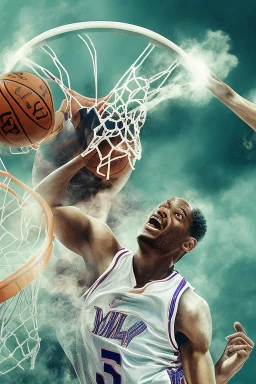 8k, highly realistic and detailed image of a NBA basketball player in action dunking the ball in the net, sweaty hair, screaming look,action and smoke and flames background