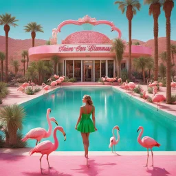 In the dazzling city of Las Vegas, amidst the neon lights and shimmering facades, stands a woman unlike any Don Quixote has encountered in his adventures. Clad in a short green dress that sparkles under the desert sun, she finds herself in a most curious setting—a pink swimming pool teeming with flamingos and bananas.