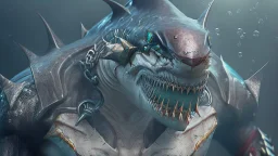 shark humanoid supervillain, photorealistic, unreal engine 5, masterpiece, trending on artstation, digital painting, ultra detailed