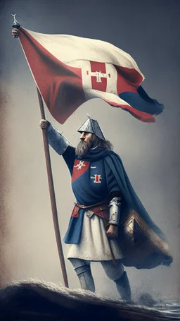 medieval captain waving a flag