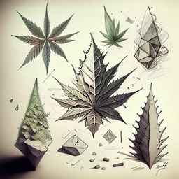 Design a sketches showcasing different shapes inspired by crushed weed, exploring their unique forms and textures.