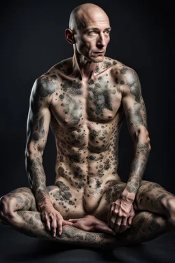 a full body display of a beautiful man with cancer, his skin composed of cancer shaped cells, they cover his entire body like a tattoo, symbolic for wearing his illness on the outside, no hair, in a dramatic pose in a photo studio, he sits with his face slightly hidden as he is shamed, lighting with focus on skin, ultra photo realistic, 32k, highly detailed,. selective colors