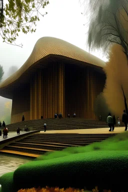 futuristic Iranian theatre, vernacular architecture, with half floor pilloti, in jungle of Alborz mountain ranges, wooden structure, sloped roof, wealth of flora, with dancing performance, fog and rain, lightray