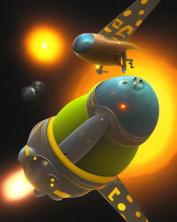 A strange creature flying in space on top of a speeding rocket. It has a head in the shape of a yellow and black circle with yellow edges as well