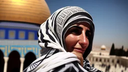 A woman wearing a keffiyeh hugs the Dome of the Rock with her hands