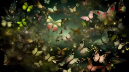 antique analog vintage, A digital artwork showcasing a variety of insects, including delicate pink and white butterflies and tiny golden grasshoppers, traversing a center made of shimmering, multicolored leaves, surrounded by a starry night sky filled with soft glimmers., sophisticated muted-green color scheme, blurry, muted colors, long exposition motion blur, stained vignette, highly detailed found footage, desaturated faded film, film skratches and dust