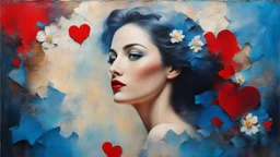 old painting, torn edges, blue, WOMAN, love, red heart, light, flower, double exposure, abstract surreal portrait, oil painting in impressionism, large strokes, airbrush effect, textured painting, antique style, vintage, semi-abstract, semi-realistic, surreal .