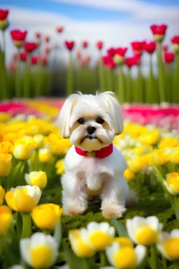 UN PERRO DE RAZA BICHON MALTES QUE ESTA VESTIDO DE BEBE . ESTA EN UN AMBIENTE DE PRADERA CON MUCHOS TULIPANES Y FLORES