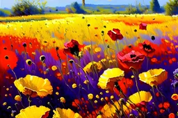 Gorgeous poppy field full of wild poppies, yellow, red and purple Realistic, beautiful in the style of Monet