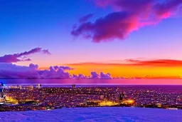 Honolulu Hawaii hotels covered in winter snow and ice at sunset, bright colors, winter wonderland