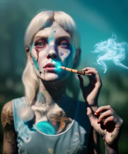 Ultra realistic wonderland photo, happy blonde woman smoking a pipe, old school tattoo, white rabbits, blue circus dress style, smoke, marijuana garden, glow eyes, perfect iris, party people, soft color, highly detailed, unreal engine 5, ray tracing, RTX, lumen lighting, ultra detail, volumetric lighting, high definition.