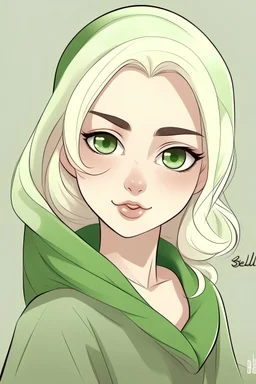 Simple drawing, Blonde, Green eyes, blonde eyebrows ، not makeup ،wearingg a hijab a ، write Bella signature Bella, cartoon style, color flat