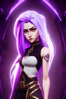 female sorcerous, lathe build, wearing transparent purple skirt, thigh high boots and crop top, big eyes, eyes are both in proportion, 3/4 look, long blonde hair with a purple streak, small up turned nose, large breasts, small waist, round butt, standing, dark cobblestone alley, one halo white light behind head, non photorealistic rendering in the art style of j.scott campbell