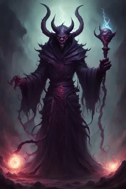 demon monster abyssal dark mage possessed by many souls with a staff