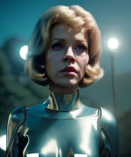 Ultra Realistic retro sci-fi movie, people, classic ovni, 1960 year, waist up view portrait, sweet teenager Jane Fonda, glow rays eyes without pupil, face makeup, tight latex coat, retro glass helmet, Retro sci-fi style, soft color, highly detailed, unreal engine 5, ray tracing, RTX, lumen lighting, ultra detail, volumetric lighting, 3d, finely drawn, high definition, high resolution.