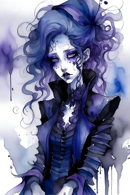 An ink wash and watercolor illustration of a young stoic Goth vampire witch with highly detailed hair and facial features , in the abstract expressionist style, indigo and amethyst, ragged and torn Victorian costumes, hard , gritty, and edgy depictions, full body vibrant forms, ethereal, otherworldly, weird sisters