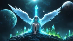 angels with a beautiful face with a wings siting on the monolith made of blue tiberium crystals of lights, matrix universe, planets on the back grounds, green crystals of tiberium on the life and right