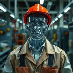 an very sad transparent glas man with working clothes, in a factory, nobody cares about the empty glas man, that is why he is so sad :( , he had worked 30 years in the factory and never had a salary increase, tears in his eyes, the working man is transparent, everyone see through him