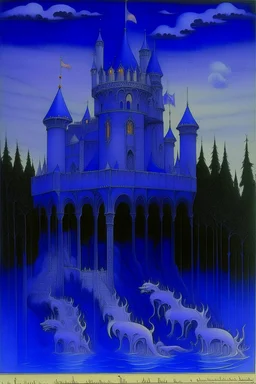 A violet castle of mystery with poltergeists painted by the Limbourg brothers