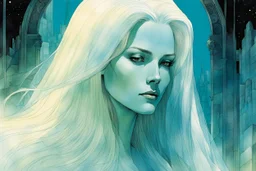 create an imaginative closeup full body print illustration of the pale translucent ghost of a female Oracle with finely detailed hair and feminine facial features, in an ethereal, otherworldly mountain temple , in the comic book art style of Bill Sienkiewicz, Mike Mignola, and Jean Giraud Moebius, finely textured, drawn, colored, and inked, suffused with dramatic natural light and shadow of a midnight crescent moon