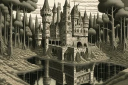 A giant castle near a swamp filled with ghosts painted by MC Escher