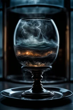 dark Storm inside a glass teacup, random background with dark colors and pale blur lights, sinister, ethereal fantasy hyperdetailed, mist, surreal, crepy stunning