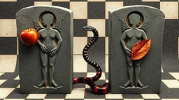 The image features two large stone-like structures with abstract human forms carved into them. A serpent, characterized by its red and black coloration, slithers between the two figures. One side includes an apple, and the other displays a leaf, adding organic elements to the otherwise rigid and surreal setting. The background consists of a checkered pattern, enhancing the surreal and artistic quality of the scene.