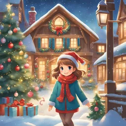 In this heartwarming children's illustration, a beautiful Christmas anime girl with shiny light brown hair fills the air with holiday cheer. Her lovely sparkling blue eyes reflect the twinkling lights around her. Surrounded by Christmas trees adorned with colorful ornaments and other festive decorations, the scene is filled with joy. Cute cottages nestled in the snow-covered landscape add a cozy touch to the illustration. The glowing lights create a magical ambiance, and the warm hues of the sun