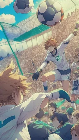 anime soccer goalkeeper saving the ball, crowded stadium in the background