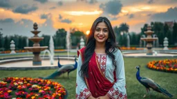 Hyper Realistic Photographic View Of A Beautiful Pashto Woman (With Beautiful Eyes Lips & Nose, & Long Black Hair; Wearing White Frock With Maroon Embroidery & Maroon Dupatta With White Embroidery) Happily Standing & Smiling In A Beautiful Colorful Flower Garden With Fancy Stone Water Fountains & Peacocks Walking On The Grass Around Her At Beautiful Cloudy Sunset Showing Dramatic & Cinematic Ambiance.