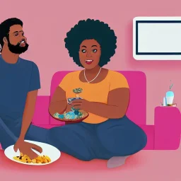 30 years old slim handsome black man and 28 years old curvy lady with afro hairstyle eating and watching television in a large sitting room, digital painting, digital illustration, extreme detail, digital art, 4k, ultra hd