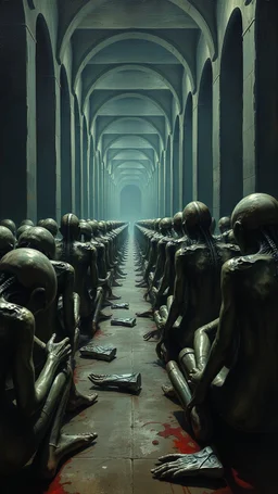 Bosch painting style ,nightmare, a lot of aliens prisoners sitting on the floor in rows with hands tight to the back and heads down
