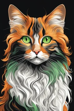 Vector illustration of a beautiful cat with long, wavy, thick hair, pointed ears, bright green eyes, orange, black and white colors, ultra quality