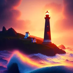 Fantasy, light house, surreal, waves crashing below, 8k, sunset, sketch