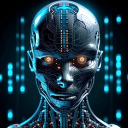 artificial intelligence looks like human opens its eyes with whole body and see the future world