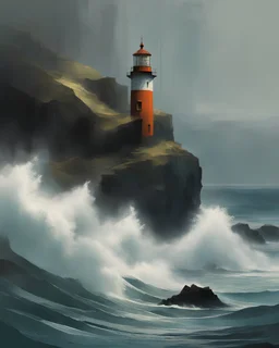 CUBIST artwork embodying A SEASCAPE WITH TIDAL WAVES CLASHING AGAINST A LIGHTHOUSE minimalistic approach, influenced by Luis Miranda, Jeremy Mann, Jeffrey Catherine Jones, blends conceptual art with elements of painting and illustration, somber tones, fragmentedsuals, shadow play, diffuse textures, abstract forms, digital painting, high conceptuality, palette inspired by Jeffrey Catherine Jones, golden ratio composition, ultra fine detail, cinematic lighting.