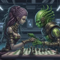 medusa in the style of cyber punk playing chess with a knight in her hand