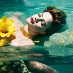 eva herzigova underwater with yellow flowers for hair, closed eyes, rtx, reflection, 8k, glow, winning photography, caustics