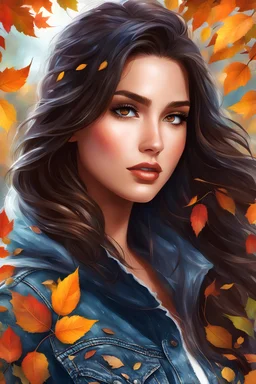 Adorable digital painting style. Amidst the rustling leaves she glides, Autumn girl, beauty undisguised, With dark locks and glowing stare, Denim jacket, autumn's flair. highly detailed, pretty face, fantasy art, digital art, colored ink, 4k, vibrant colors, dream, correct face structure, correct anatomy