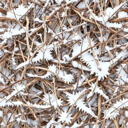 A detailed winter camouflage pattern. various shades of brown, beige, and off-white branches, twigs, and grasses covered in a layer of light gray and white snow. The branches are gnarled and textured, with varying thicknesses and shapes. The snow appears as a soft, subtle coating over the vegetation. The perspective is a close-up view of the camouflage pattern, filled with overlapping details that create a realistic representation of a wintry forest scene. muted colors, seamless tile