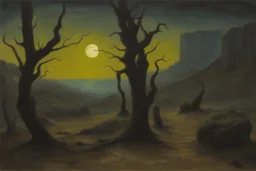 night, dry trees, rocks, mountains, cliffs, philosophic influence, horror gothic movies influence, dark fantasy and witchcraft influence, anna boch, and friedrich eckenfelder impressionism paintings