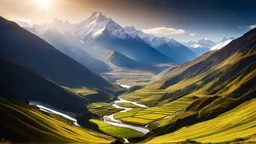 Majestic Himalayan landscape, terraced fields, steep slopes, distant enormous snow-capped mountains, river gorge, dramatic sunlight, chiaroscuro, beautiful composition