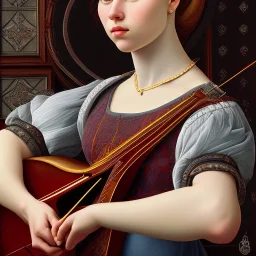 oil painting of a woman playing a lute, highly detailed painting, intricate, high quality, 8k, dynamic lighting, ultra detailed, Sandro Botticelli style