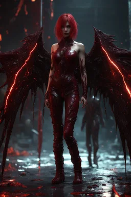 goth girl, darkred slime, demon and angel, sparks around her, 8k, high detail, render, unreal engine 5, cinema 4d, HDR,