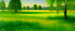 A green grassland near a clearing painted by Georges Seurat