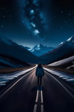 A girl standing in between a Crossroads, with one road leading to starry nights and another road leading to snow capped mountain