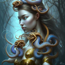 Sango fantasy, fantasy magic, intricate, sharp focus, illustration, highly detailed, digital painting, concept art, matte, art germ and Paul Lewin and Kehinde Wiley, masterpiece Indonesian lady head bronze octopus Asian African girl nice breast Thai hair turquoise silver blue waves