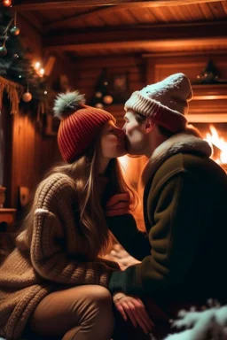 Cozy Christmas scene couple kissing