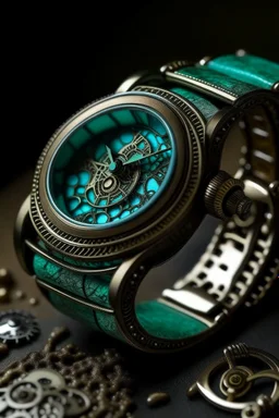 Craft an image where the turquoise hues in a vintage watch band whisper tales of time's passage within a stable.cog environment, encapsulating the beauty of a stable mid-journey.