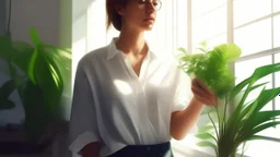 Woman holding a plant in the sunshine, interior, white shirt, instagram. digital painting.